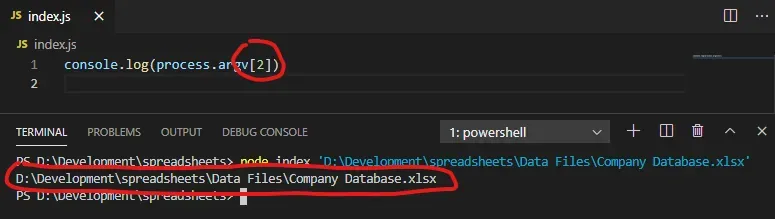 A VS Code window with code to log process.argv[2]. The Terminal is open and
the output is D:\Development\spreadsheets\Data Files\Company
Database.xlsx.