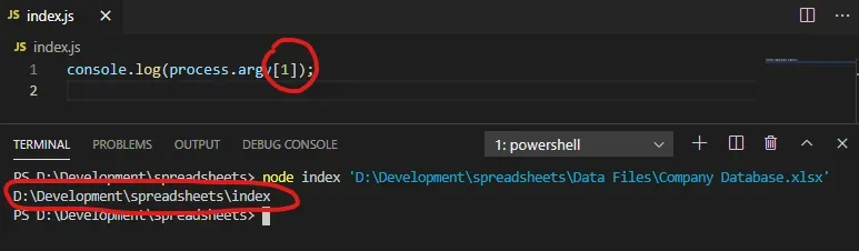 A VS Code window with code to log process.argv[1]. The Terminal is open and
the output is D:\Development\spreadsheets\index.