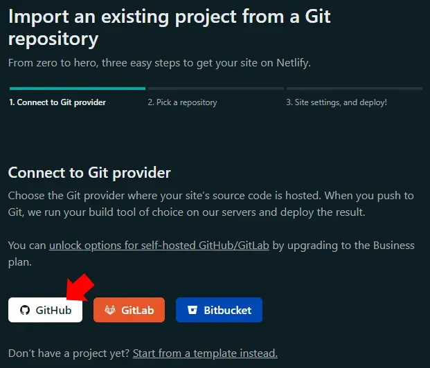 The "Import..." screen on Netlify. A red annotation arrow points to the
GitHub button.