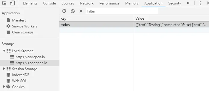 A screenshot of Chrome's DevTools open to the Application tab. Local Storage
is expanded and an entry with the key "todos" is visible with JSON data in the
value.