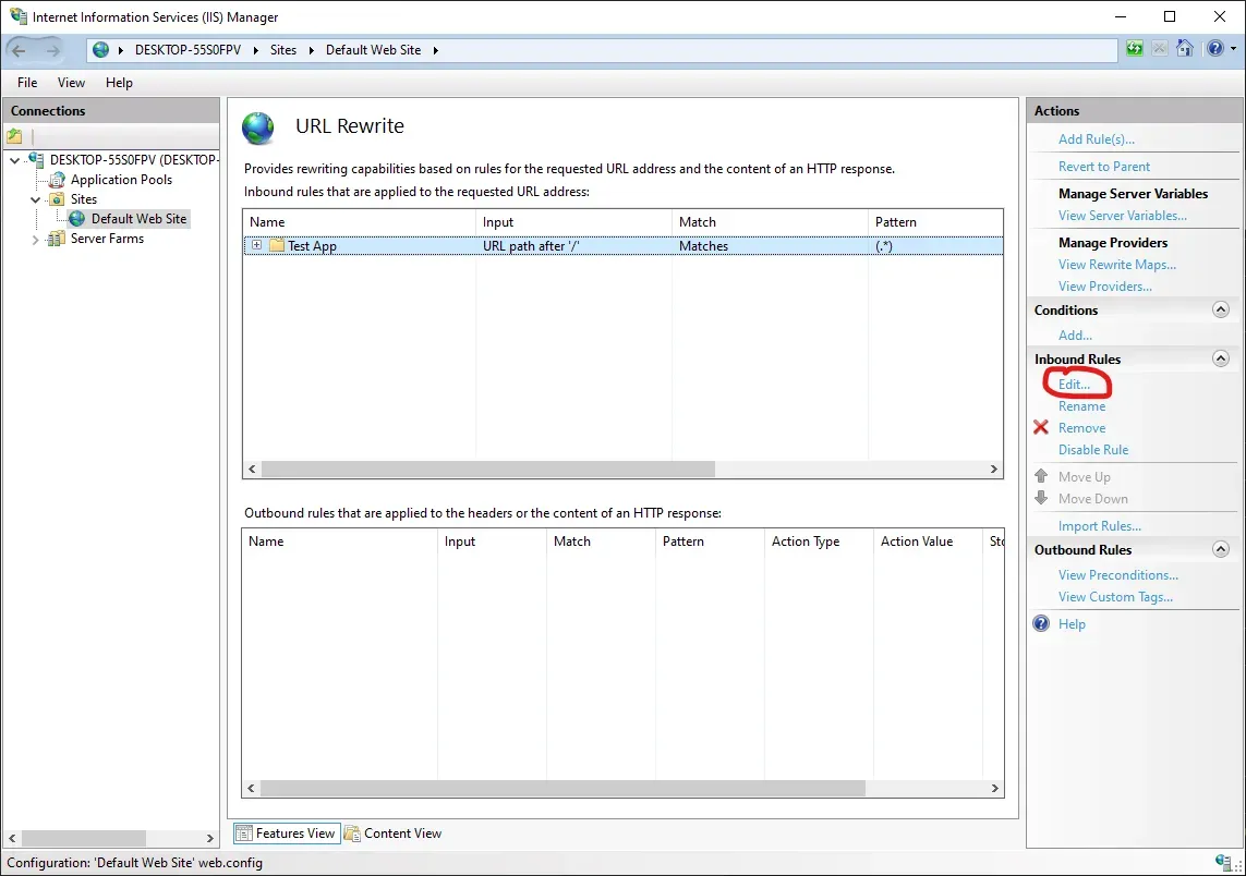 The IIS window. The URL Rewrite pane is visible in the middle. A rule named
Test App is highlighted. A red annotation circle surrounds the Edit option on
the right pane.