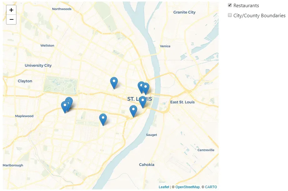 The checkbox for Restaurants is checked, and many blue markers appear on the
map over the locations of restaurants