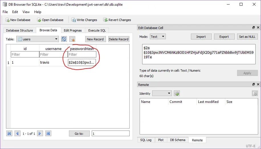 A screenshot of DB Browser for SQLite similar to the one from before, but the
column password has been replaced with passwordHash. The password hash above
has been pasted into the passwordHash column