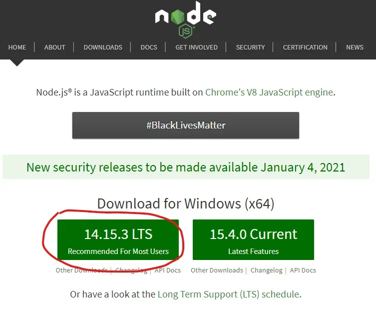 The nodejs.org homepage. A red annotation circle surrounds the green "14.15.3
LTS" button in the "Download for Windows" section.
