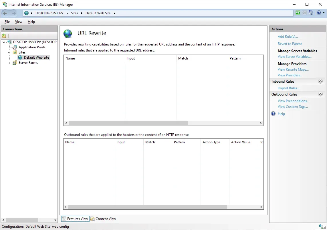 The URL Rewrite pane in the middle is visible. There are empty sections for
Inbound rules and Outbound rules.