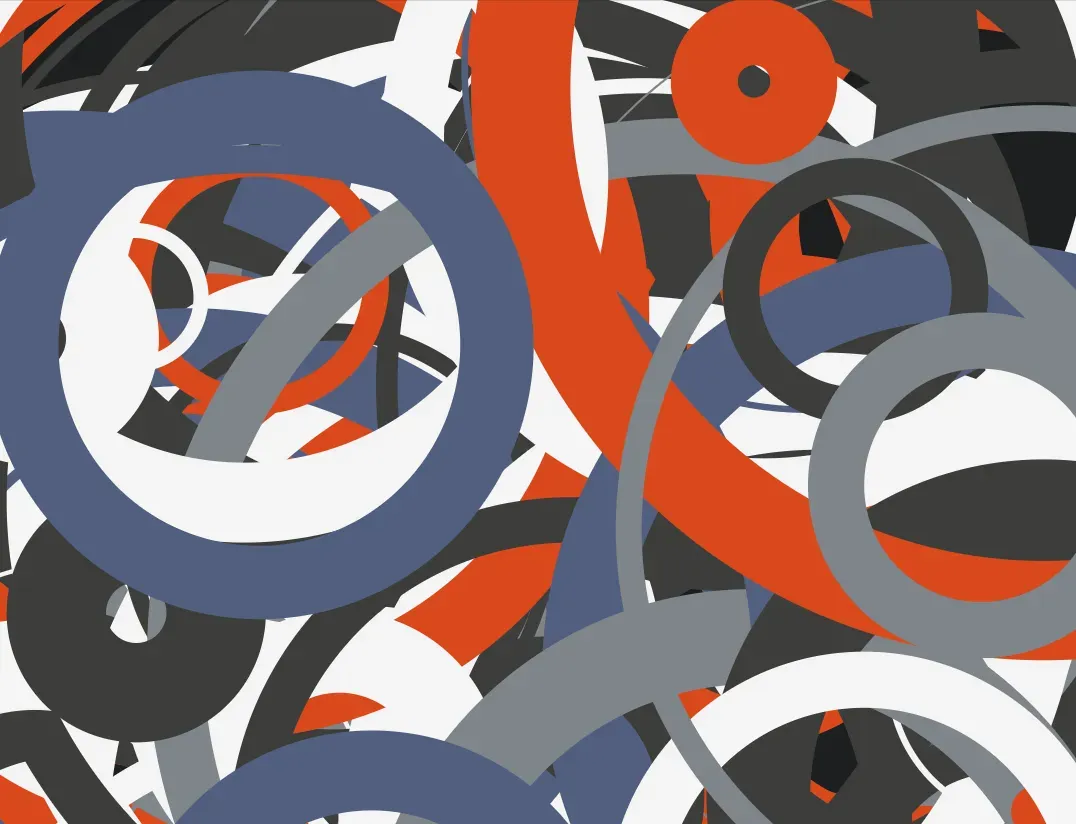 Abstract digital art of many overlapping circles of various colors, sizes, and
outline thicknesses.