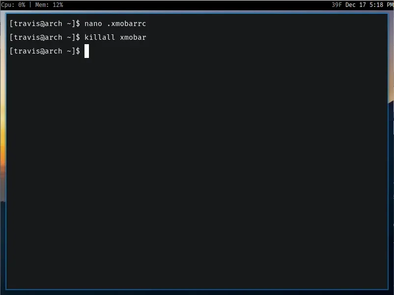 A Linux desktop. A black bar appears at the top displaying Cpu: 0% | Mem:
12% on the left and 39F Dec 17 5:18 PM on the
right.