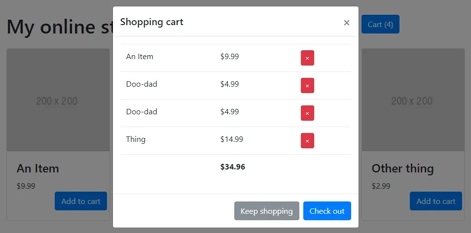 The red buttons remove items from the shopping cart.