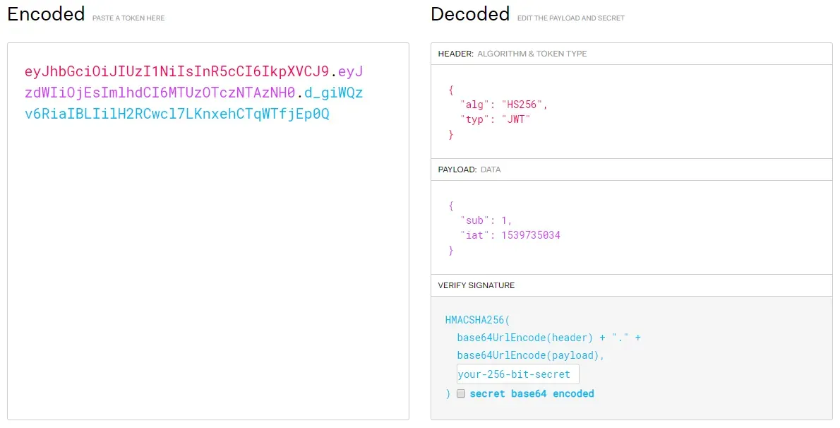 A screenshot of jwt.io where the JWT that we saw in Postman is pasted. jwt.io
shows decoded header, payload, and signature