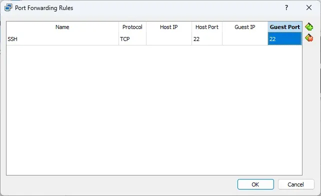 The Port Forwarding Rules settings in VirtualBox. The Guest Port for a rule
named SSH has been set to
22.