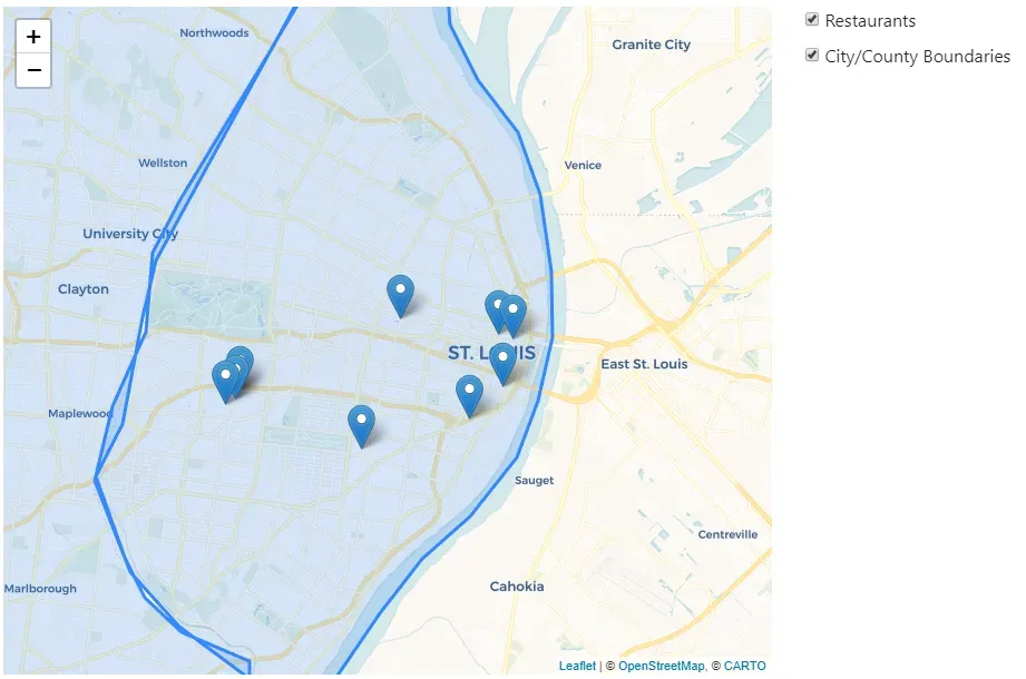 Both the restaurant and boundaries checkboxes are checked. Both the restaurant
markers and boundary shapes are visible on the map