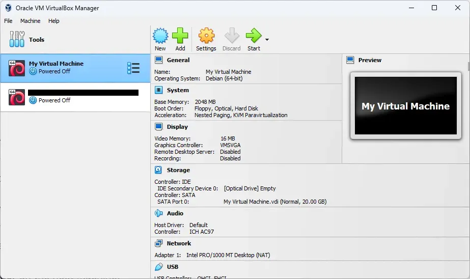 A screenshot of VirtualBox with a couple Virtual Machines
listed.