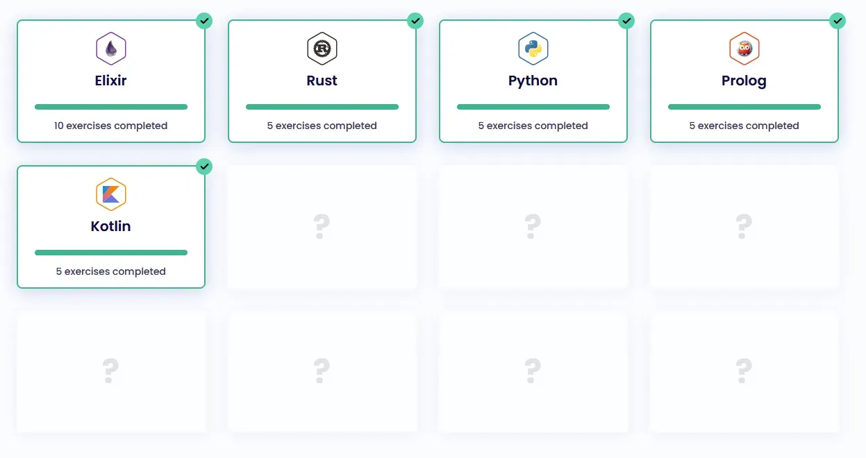 Exercism's #12in23 dashboard. Twelve grid squares are visible. Five are filled
in with Elixir, Rust, Python, Prolog, and Kotlin. The remaining seven are
empty.