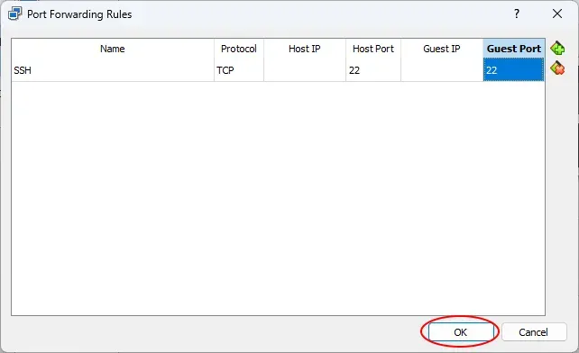 The Port Forwarding Rules settings in VirtualBox. A red annotation circle
surrounds the OK button.