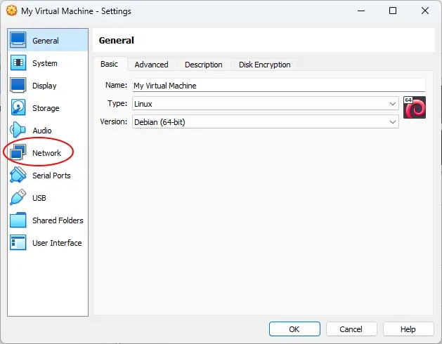 The Settings of a VM in VirtualBox. A red annotation circle surrounds the
Network button.