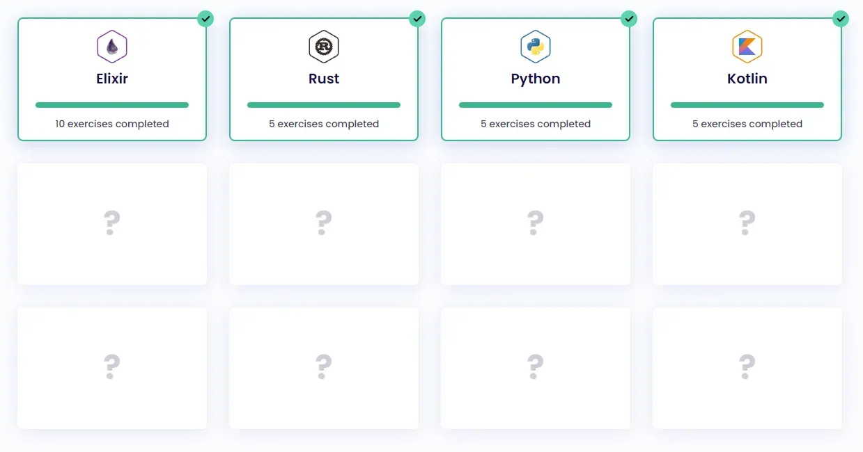 Exercism's #12in23 dashboard. Twelve grid squares are visible. Four are
filled in with Elixir, Rust, Python, and Kotlin. The remaining eight are
empty.