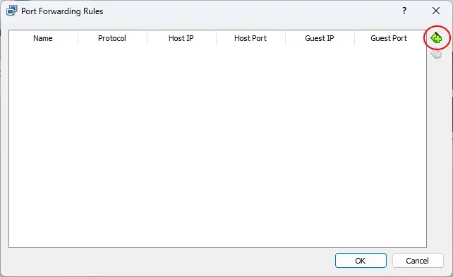 The Port Forwarding Rules settings in VirtualBox. A red annotation circle
surrounds the green plus
icon.