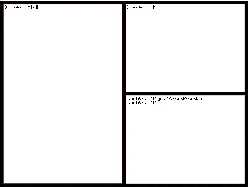 Three white rectangles. One on the left taking up 50% of the screen and
outlined in red. The other two are taking up 25% each on the right and stacked
on top of each other. All three have terminal prompts in black text. There is
padding between them where a black background appears.