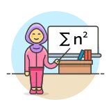 A clipart style icon of a teacher holding a pointer, pointing at a screen with
a simple math equation on it.