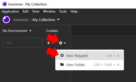 A screenshot of the Insomnia REST client. Red annotation arrows point to the
Plus icon and to New Request in the menu under it.