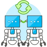 A clipart style icon of two robots. They are connected by a wire. Above them
is a symbol of two arrows in a circular pattern pointing to each
other.