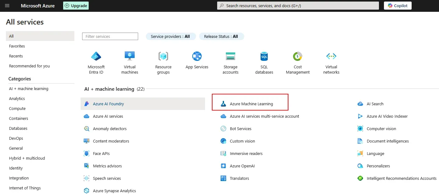 The All Services page on Microsoft Azure. A red annotation rectangle surrounds
the Azure Machine Learning
option.