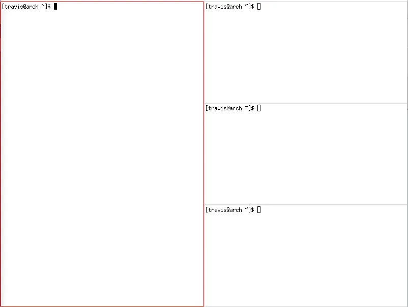 A large white rectangle taking up 75% of the screen. To the right are three
smaller rectangles stacked one on top of the other. All four have black text
reading [travis@arch ~]$] in their upper left
corners.