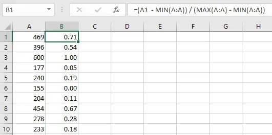 The same Excel screenshot, but Column B has the new formula in it, producing
the results from the table above.