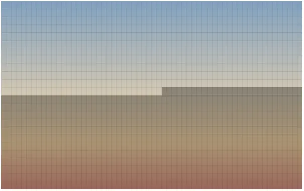 The black rectangles have been made more transparent so the gradient appears
through them. In the top half of the image, the black rectangles are more
transparent. On the bottom half, they are less transparent, appearing
darker