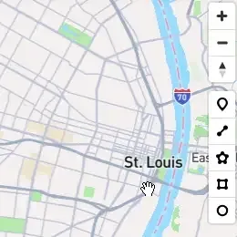An screen recording of geojson.io centered
on Saint Louis. The mouse cursor clicks on the button labeled with a
pentagon, then clicks various points on the map to draw a boundary,
highlighted in yellow. When the first point is clicked for a second time,
the shape is finalized and turns gray.