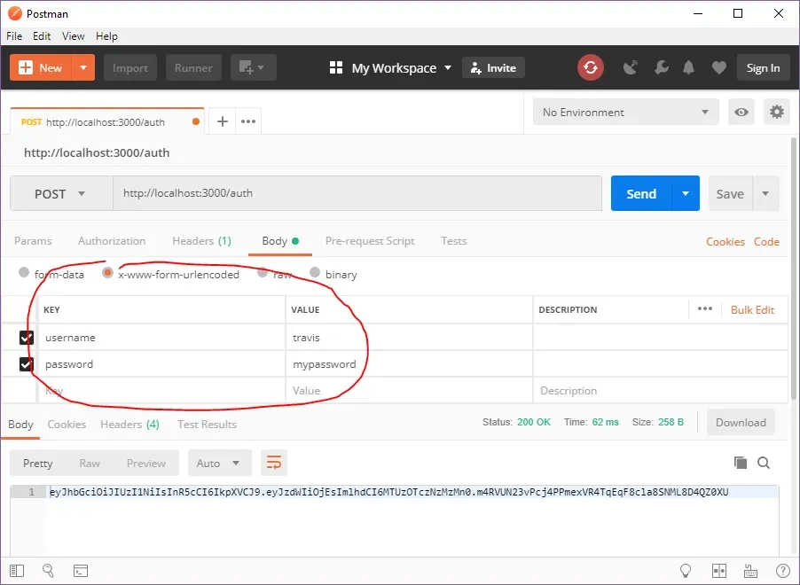 Another Postman screenshot. This one where the Body section has a key for
username set to travis and a key for password set to mypassword. The JWT
is still in the response body