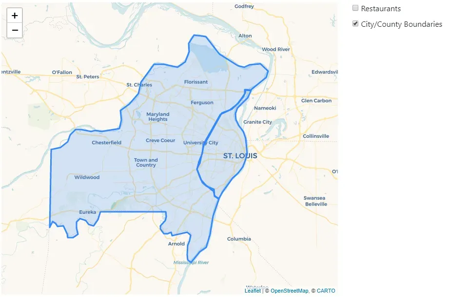 The checkbox for City/County Boundaries is checked and the boundaries for each
are outlined in thick blue lines and filled with a transparent blue
fill