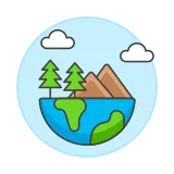 A clipart style icon. The bottom half is the bottom half of the globe. Upon it
sits two trees and two mountains. Above that are two
clouds.