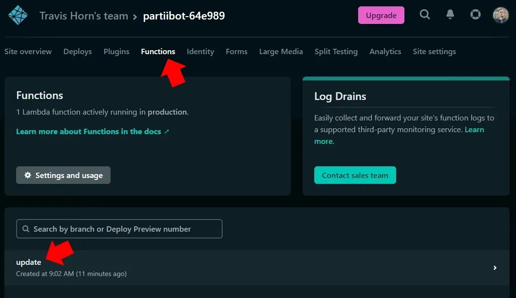 The Netlify Functions settings for a project. Red annotation arrows point to
Functions and update.