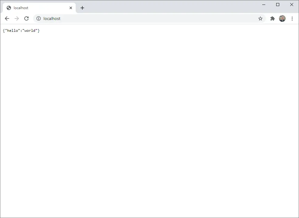 A Chrome web browser opened to localhost. The rendered page is black text on a
white background reading {"hello": "world"}.