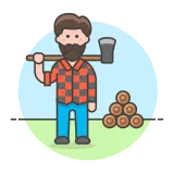 A clipart style icon of a lumberjack holding an axe next to a pile of stacked
logs.