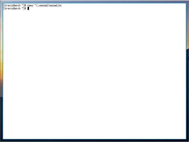 A large white terminal window, outlined in blue, with padding surrouding the
whole thing so the image of a sunset is visible around
it.
