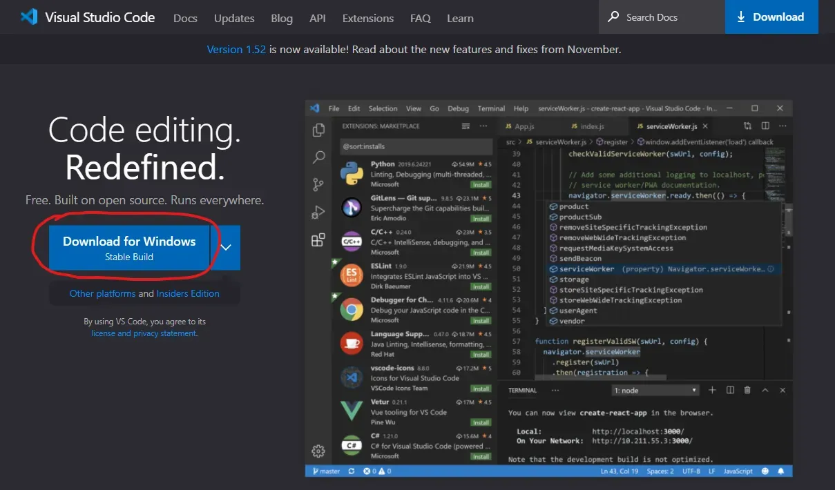 The Visual Studio Code website. A red annotation circle surrounds the blue
"Download for Windows" button.