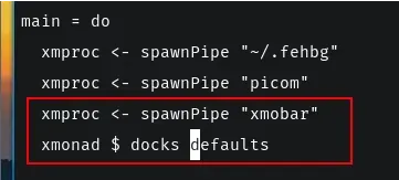 An xmobar configuration file. A red annotation rectangle surrounds the lines
xmproc <- spawnPipe "xmobar". xmonad $ docks
defaults.
