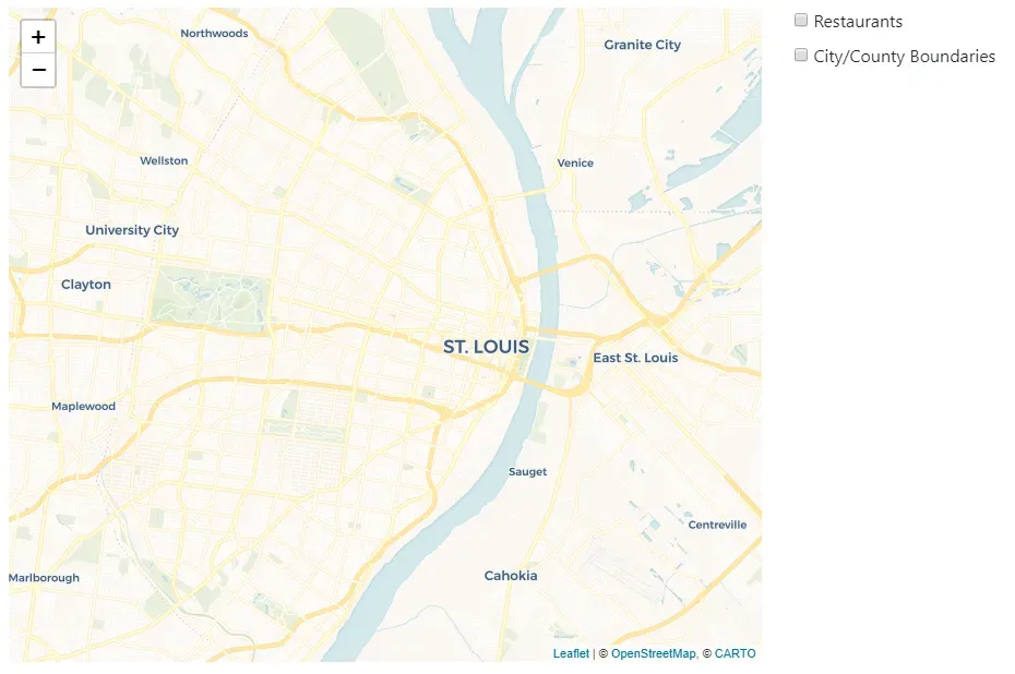 The map of Saint Louis still visible, and the right portion of the screen has
two checkboxes: one for Restaurants and one for City/County
Boundaries