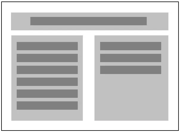 An outline of a webpage. A header box at the top. Two content boxes side-by-side underneath.