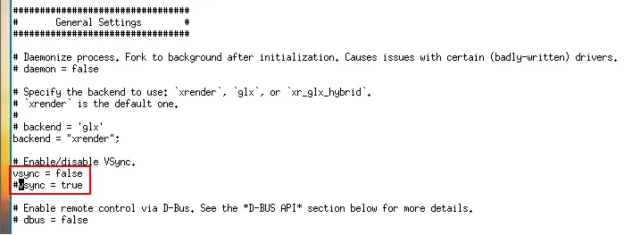 Black text on a white background. picom configuration file. A red annotation
rectangle surrounds the lines vsync = false. #vsync =
true.