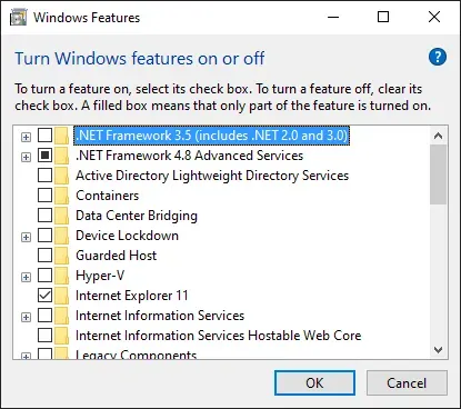 A screenshot of the Windows Features dialog. Options like .NET Framework, Data
Center Bridging, and more are visible. Some are checked and some are
unchecked.