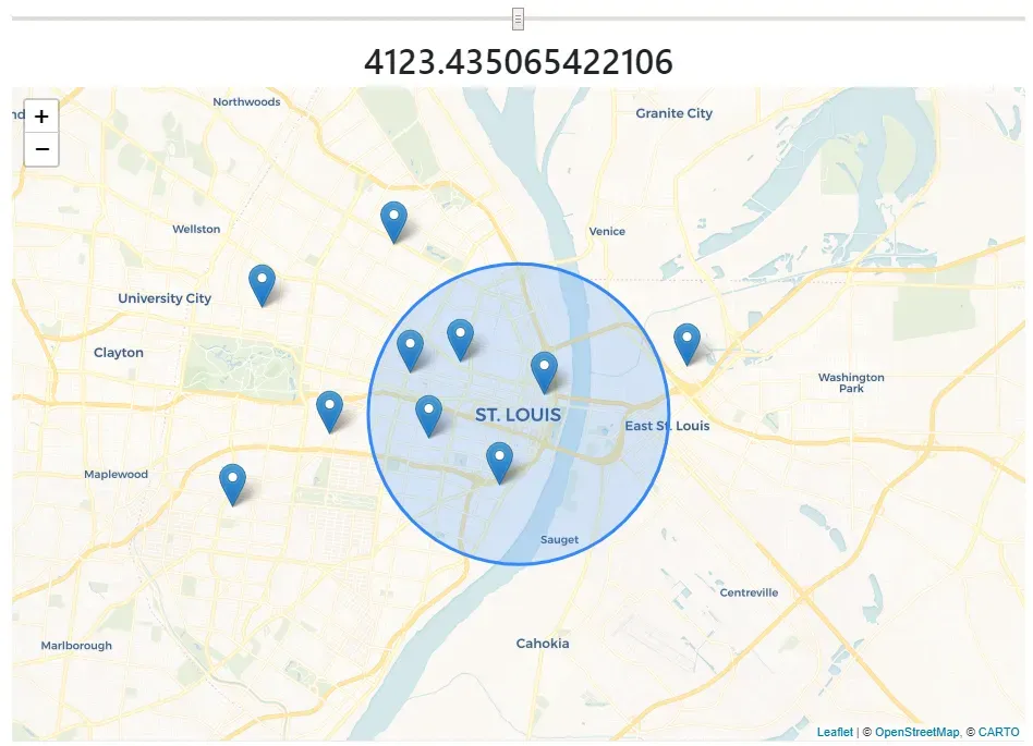 A slider input is visible above the map, with the control button in the
middle, and the value 4123.435... labeled underneath
it