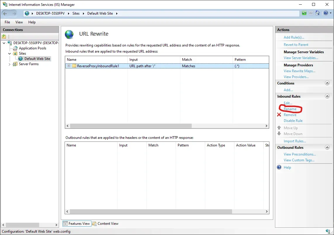 The IIS window. The URL Rewrite pane is visible in the middle. A rule named
ReverseProxyInboundRule1 is highlighted. A red annotation circle surrounds the
Rename option on the right pane.