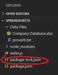A screenshot of the file explorer inside VS Code. A red annotation circle
surrounds the package-lock.json file in the project
root.