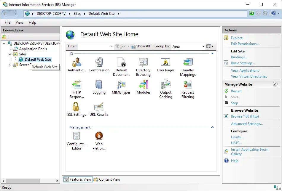 In the Connections pane, DESKTOP-55S0FPV has been expanded, Sites under that
has been expanded, and Default Web Site under that has been
selected.