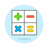 A clipart style icon of a square split into 4 equal quadrant. Each quadrant
has a mathematical symbol inside: +, -, x, and
=.