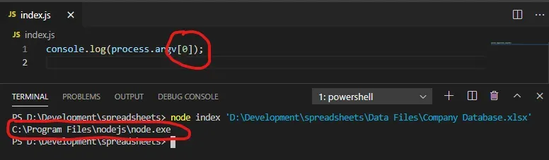 A VS Code window with code to log process.argv[0]. The Terminal is open and
the output is C:\Program Files\nodejs\node.exe.