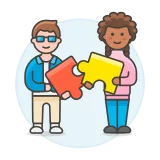 A clipart style icon of a man and a woman. Each are holding giant puzzle
pieces.